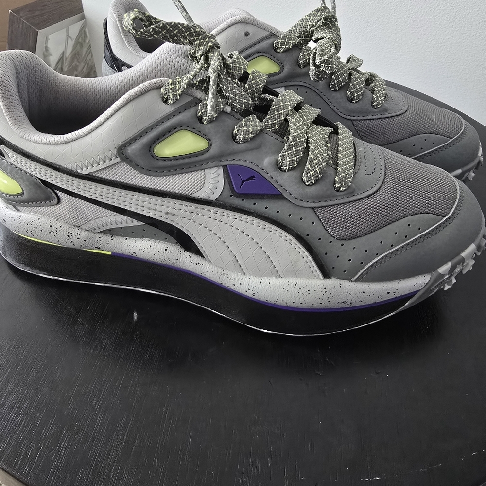 Puma Gray and White Sneakers with Green Accents Like New